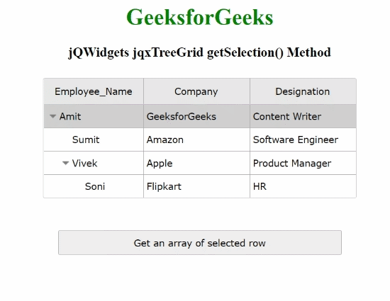 jQWidgets jqxTreeGrid getSelection()方法