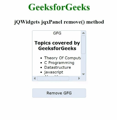 jQWidgets jqxPanel remove()方法