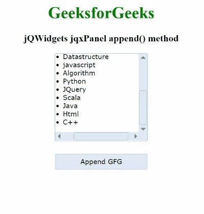 jQWidgets jqxPanel append()方法