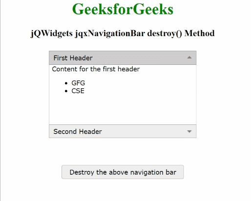 jQWidgets jqxNavigationBar destroy()方法