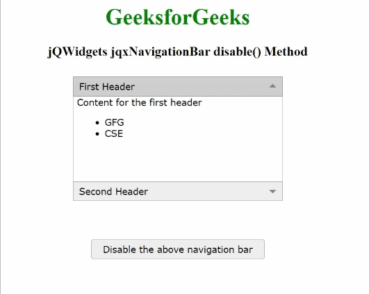 jQWidgets jqxNavigationBar disable()方法