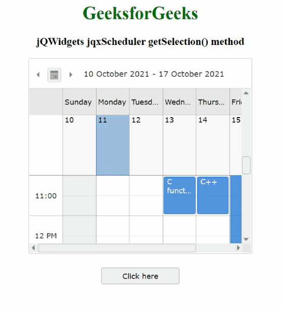 jQWidgets jqxScheduler getSelection()方法