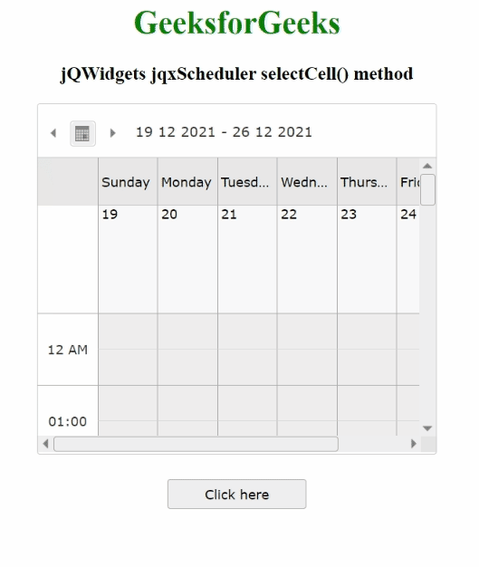 jQWidgets jqxScheduler selectCell()方法