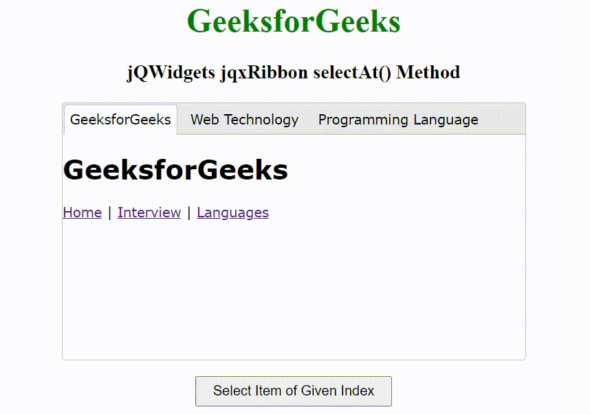 jQWidgets jqxRibbon selectAt()方法