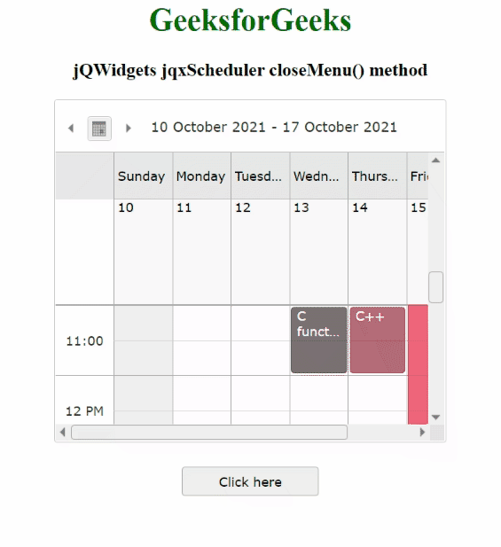 jQWidgets jqxScheduler closeMenu()方法