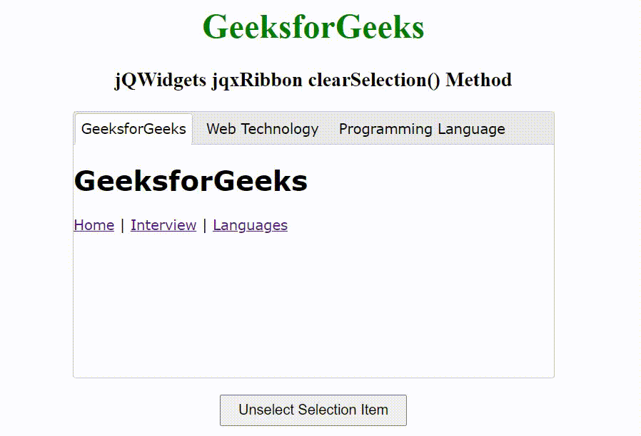 jQWidgets jqxRibbon clearSelection()方法