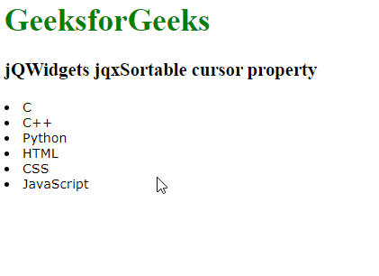 jQWidgets jqxSortable cursor 属性