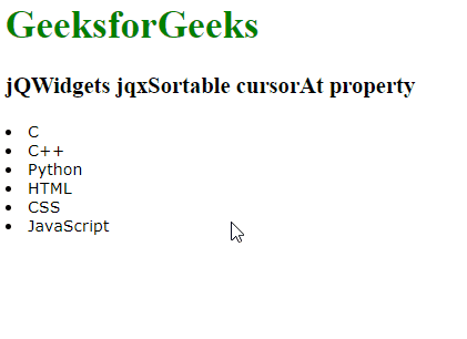 jQWidgets jqxSortable cursorAt属性