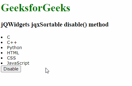 jQWidgets jqxSortable disable() 方法