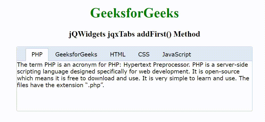 jQWidgets jqxTabs addFirst()方法