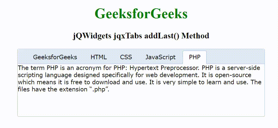 jQWidgets jqxTabs addLast()方法