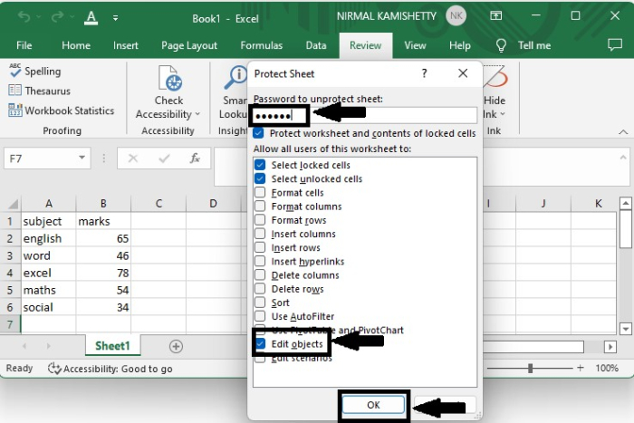 如何允许在Excel中编辑受保护的工作表中的对象？