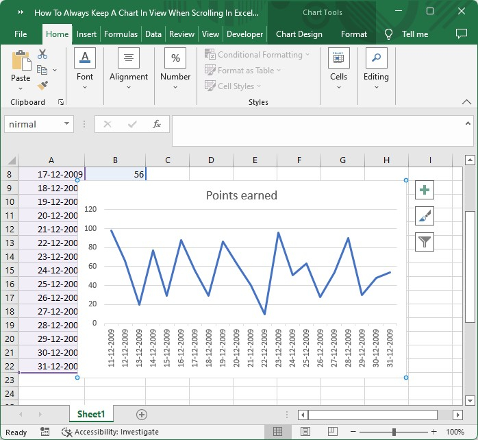 如何在Excel中滚动时始终保持图表在视图中？