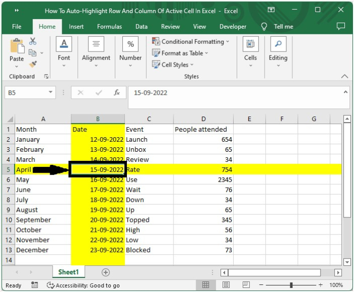 如何在Excel中自动高亮显示活动单元格的行和列？