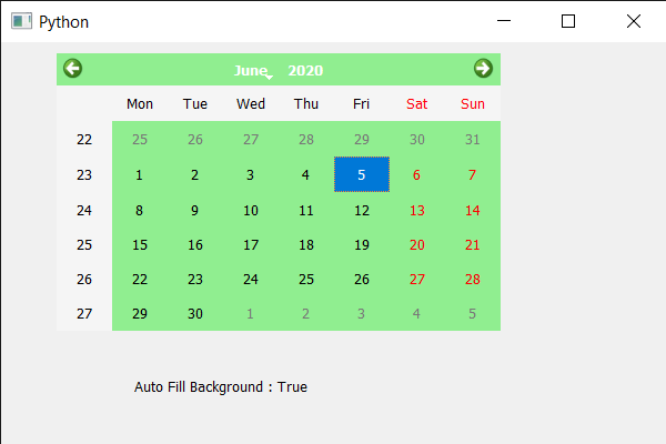 PyQt5 QCalendarWidget - 获取自动填充背景属性