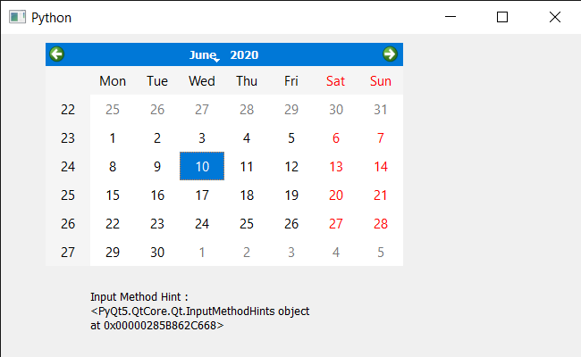 PyQt5 QCalendarWidget - 获取输入法提示属性