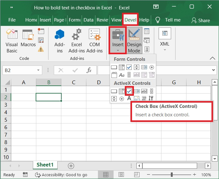 如何在Excel中对复选框的文字进行加粗？
