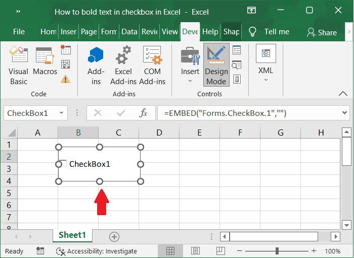 如何在Excel中对复选框的文字进行加粗？
