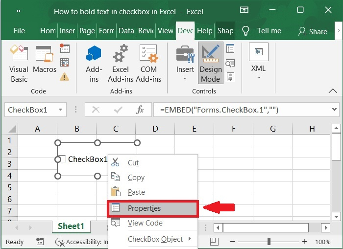 如何在Excel中对复选框的文字进行加粗？