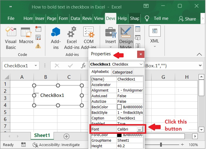 如何在Excel中对复选框的文字进行加粗？