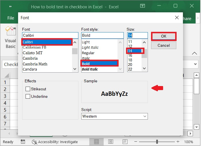 如何在Excel中对复选框的文字进行加粗？