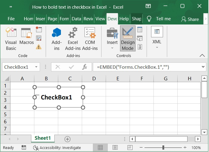 如何在Excel中对复选框的文字进行加粗？