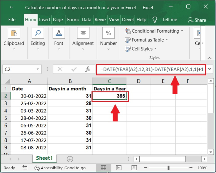 如何在Excel中计算一个月或一年的天数？