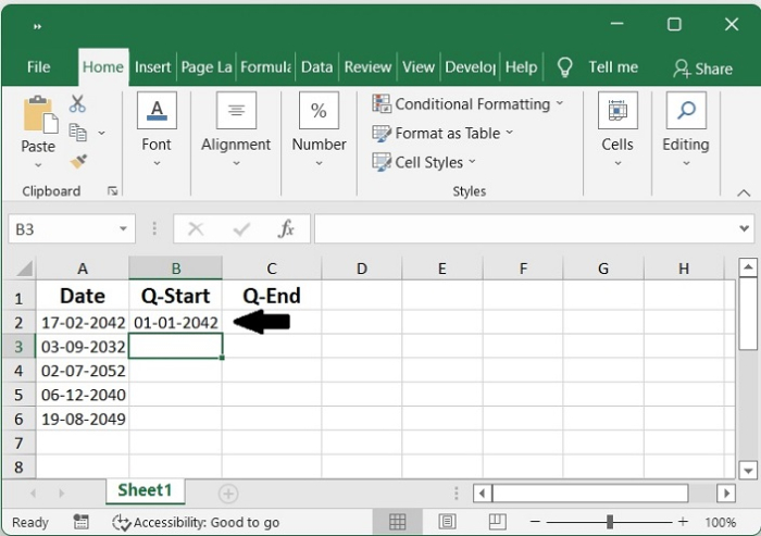 如何在Excel中根据给定的日期计算季度开始日期或结束日期？