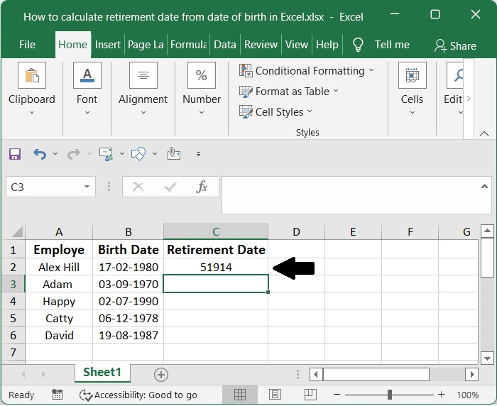 如何根据Excel中的出生日期计算退休日期？