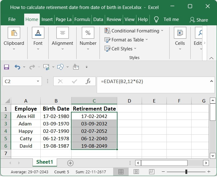 如何根据Excel中的出生日期计算退休日期？