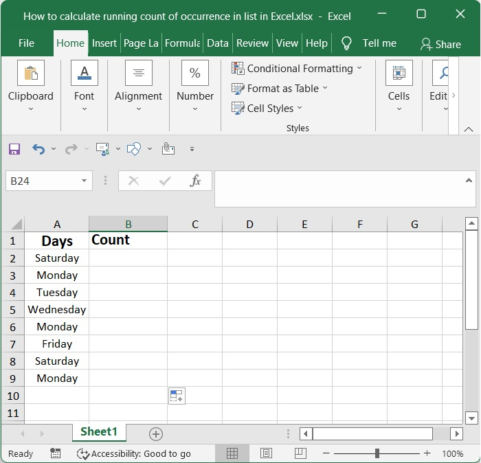 如何在Excel中计算列表中出现的运行计数？