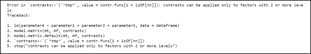 R语言如何修复：Contrasts can be applied only to factors with 2 or more levels