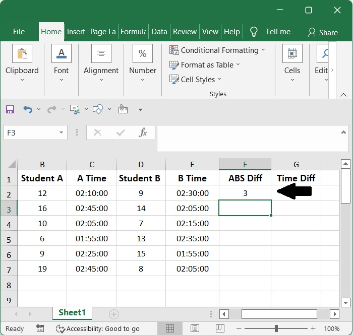 如何在Excel中计算两个数值/时间的绝对差值？