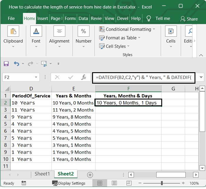 如何在Excel中计算从雇用日期算起的服务年限？