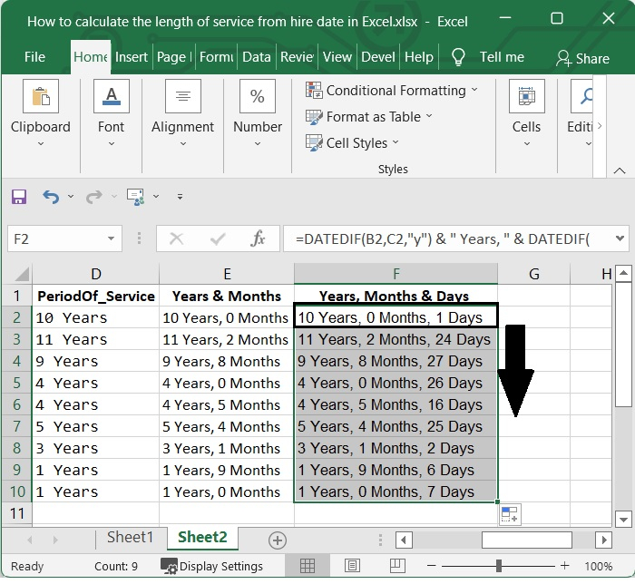 如何在Excel中计算从雇用日期算起的服务年限？