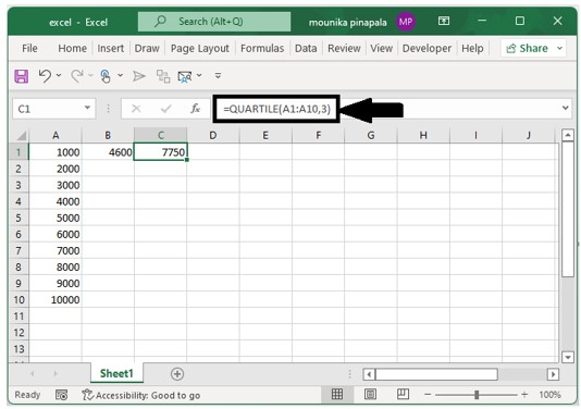 如何在Excel中计算一组数字的百分位数和四分之一？