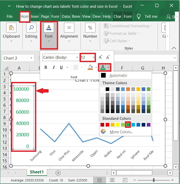 如何在Excel中改变图表轴标签的字体颜色和大小？