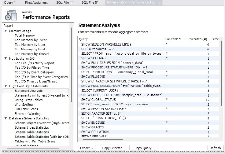 Mysql Workbench中的性能报告控件