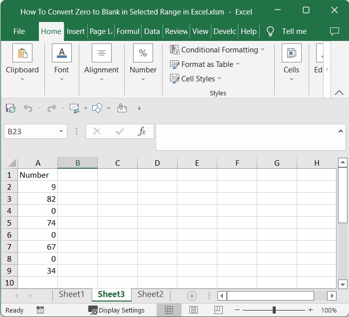 如何在Excel的选定范围内将零转换为空白？