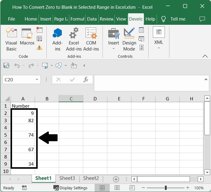 如何在Excel的选定范围内将零转换为空白？