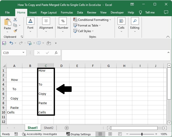 如何在Excel中复制和粘贴合并的单元格到单个单元格？