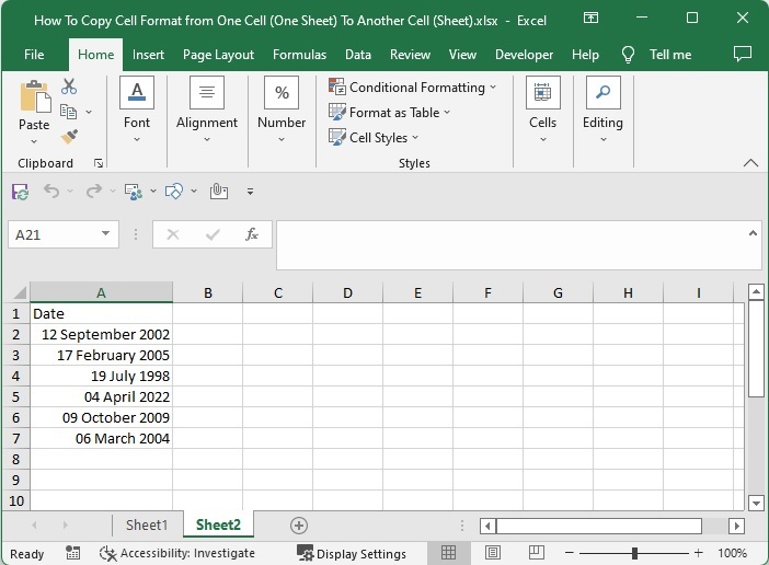 如何将Excel中的单元格格式从一个单元格一个工作表复制到另一个单元格工作表