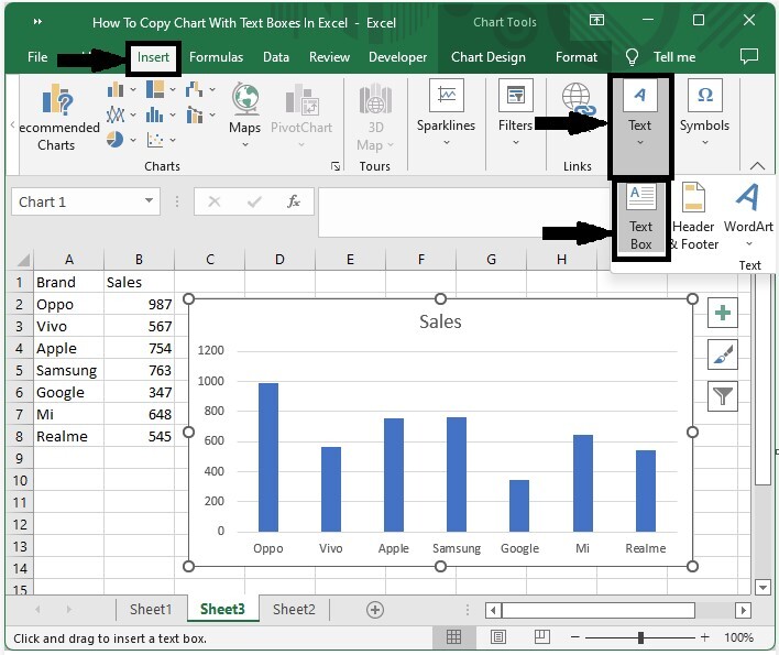 如何在Excel中复制带有文本框的图表？