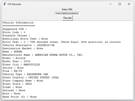 Python 创建GUI来从VIN号码中提取信息