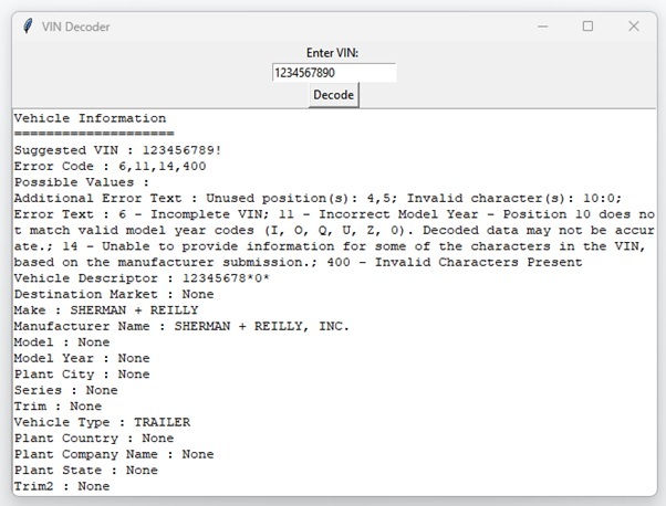 Python 创建GUI来从VIN号码中提取信息