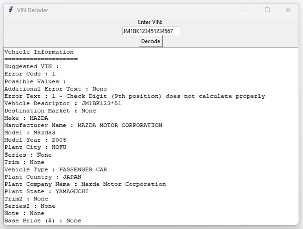 Python 创建GUI来从VIN号码中提取信息
