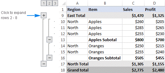 Excel 如何分组行以折叠和展开它们