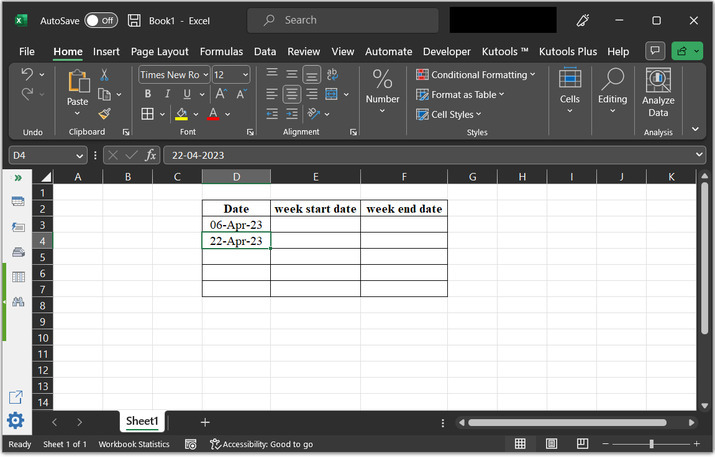 如何在Excel中基于特定日期获取一周的开始和结束日期？