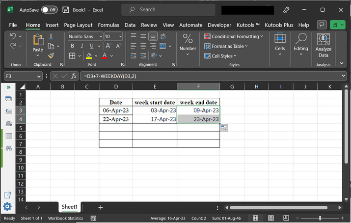 如何在Excel中基于特定日期获取一周的开始和结束日期？