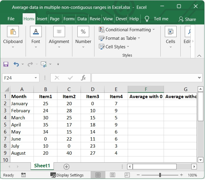 在Excel中计算多个非连续范围中的平均数据